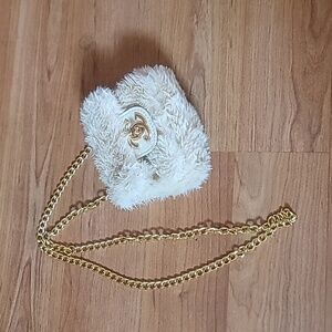 Elegant White Faux KIDS Fur Bag with Gold Chain